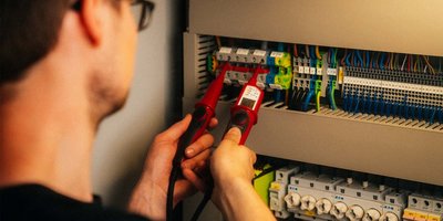 Präzise Messungen an einem elektrischen Verteilerkasten Ein Techniker überprüft mit einem Multimeter die elektrischen Verbindungen in einem Schaltschrank.